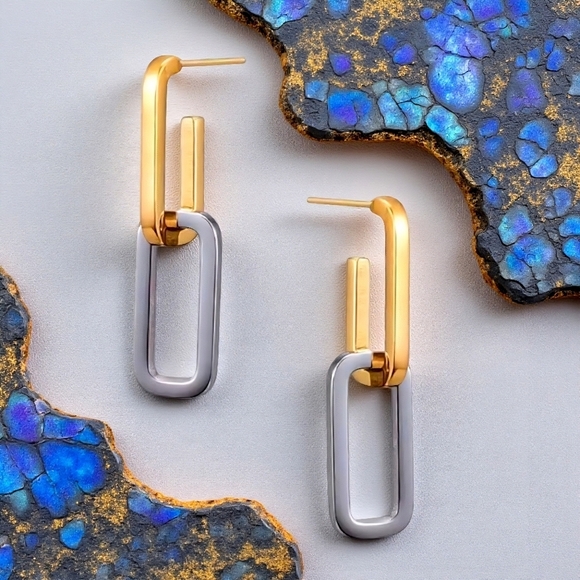 Minimalist Chic Two Tone C Hoop Earrings 18K Gold Plated Stainless Steel - Picture 5 of 12